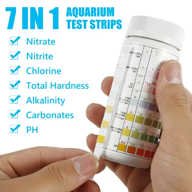 Teste de Qualidade da Água para Aquário 7 em 1 - 100 Tiras para Água Doce e Salgada com Medição de pH