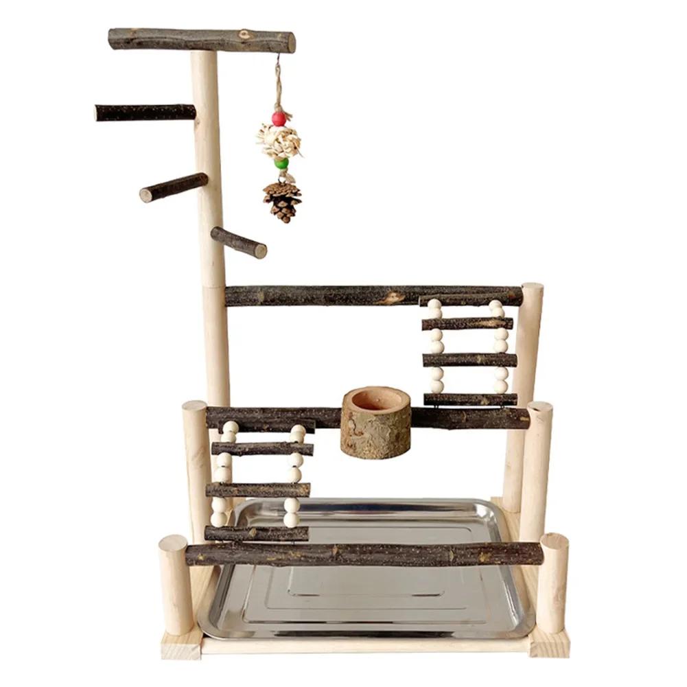 Suporte de poleiro de madeira natural para playground de pássaros, papagaio, com bandeja de aço inoxidável, escada, copo de alimentação para pássaros, acessórios de suprimentos - Image 1