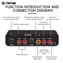 TEYUN-Interface de áudio portátil, placa de som, mini USB MIXER para guitarra Recording Studio, Q24, Q22, 2 canais, profissional - Image 3