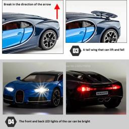 Bugatti Chiron Alloy Sport Car Toy, Metal fundido, veículos em miniatura com luz sonora, puxar brinquedos colecionáveis, 1:32 - Image 4
