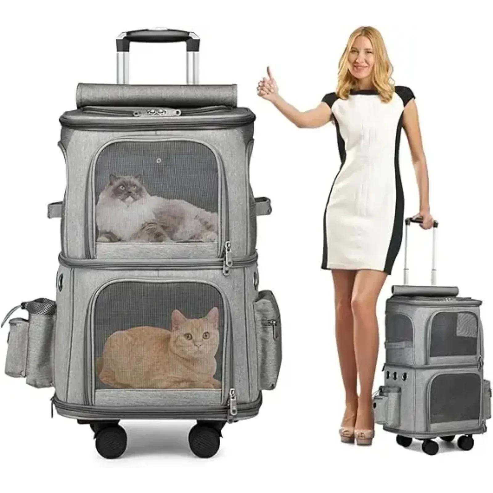 Compartimento duplo mochila gato, Pet Trolley Case com rodas, grande espaço, mochila para gatos, transportadora - Image 1