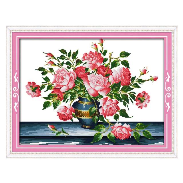 Kit de Bordado DIY Rich Rose em Ponto Cruz - Tela Impressa 14ct e 11ct com Flor para Artesanato