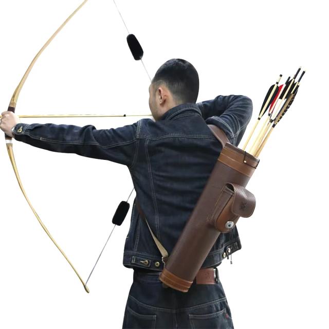 Arco de aljava de ombro e costas de tiro com arco tradicional feito à mão puro, suporte de flecha de couro genuíno, bolsa de aljava de atacante, couro puro