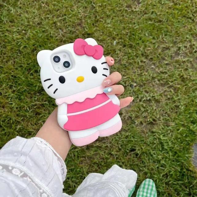 Capa de silicone macia Hello Kitty 3D para iPhone 11 Pro Max, 12, 13, 14 e 15