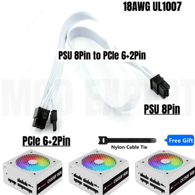 Cabo de Alimentação Modulado para Placas Gráficas Corsair CX550F, CX650F e CX750F RGB - PCIe 8PIN 6+2PIN 60cm Branco 18AWG