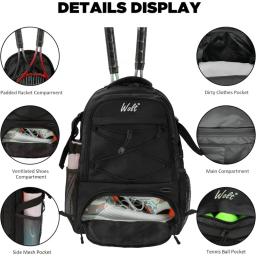 WOLT-Mochila de tênis para homens e mulheres, grande bolsa de raquete com compartimento ventilado, detém 2 raquetes, bolsa de tênis - Image 3
