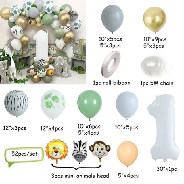 Kit de Decoração Selva Balão Arco para Festa de Aniversário Tema Safari Wild One para Meninos