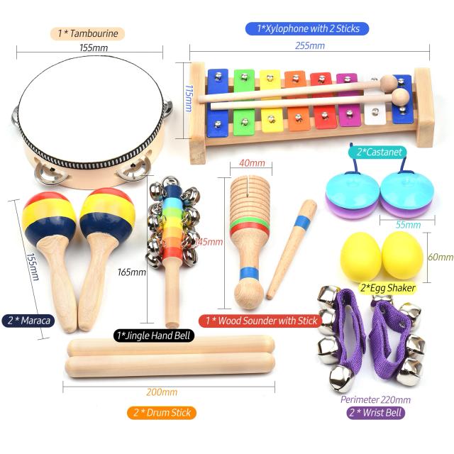 Brinquedos Musicais de Percussão em Madeira para Crianças - Conjunto Colorido com 13 Peças e Bolsa, Ideal para a Educação Infantil