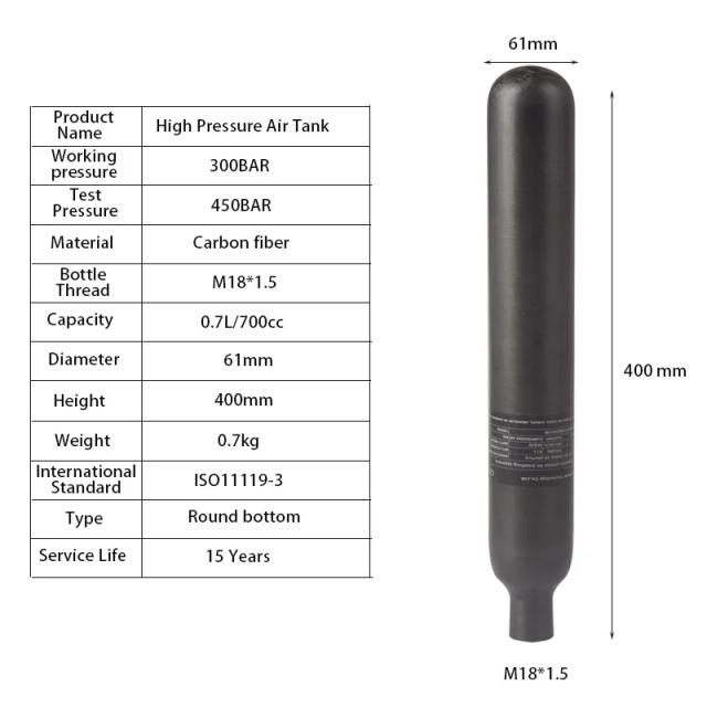 Cilindro de gás de fibra de carbono hpa 0,7l, equipamento de mergulho, estação 700cc, tanque de ar, aquário, água de soda, acessórios de co2