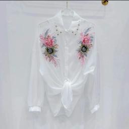 Blusa casual fina solta, manga comprida, camisa de proteção solar, lantejoulas pesadas, blusa bordada, primavera, verão, B81, 2023 - Image 1