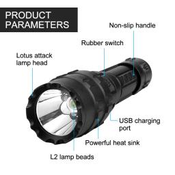 Lanterna LED tática com 5 modos, caça tocha, USB recarregável, Power by 18650 bateria, verde, vermelho, L2, profissional - Image 3