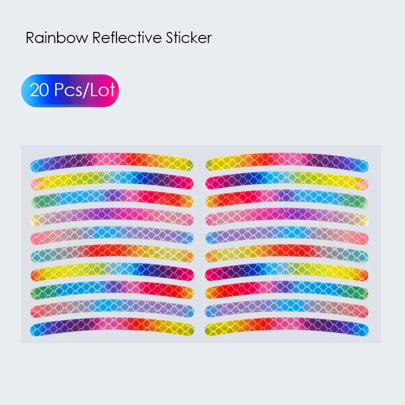 Adesivo reflexivo do arco-íris para rodas de bicicleta, Brilho noturno adesivo para carro, Motocicleta aviso adesivos, Segurança noturna, 20pcs por conjunto - Image 1
