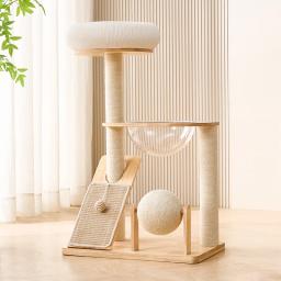 Torre compacta de madeira maciça para gatos com poste para arranhar e poleiro, casa aconchegante para economizar espaço para casa - Image 1
