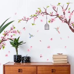Adesivos de parede florais para quarto e sala de estar, flor de pêssego rosa, ramo de flores e pássaros, decalques para decoração - Image 5