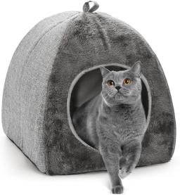 Cama dobrável gato para gatos indoor, 2 em 1 Cat House, Travesseiro almofadado removível - Image 1