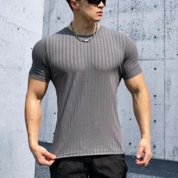 Camiseta elástica de fitness masculina com gola redonda, camiseta solta de manga curta esportiva verão, moda listra correndo top - Image 5