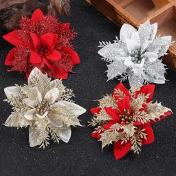 Glitter Artificial Natal Flores, Xmas Tree Enfeites, Feliz Natal Decorações para Casa, Decoração de Ano Novo, Presentes, 14cm - Image 2