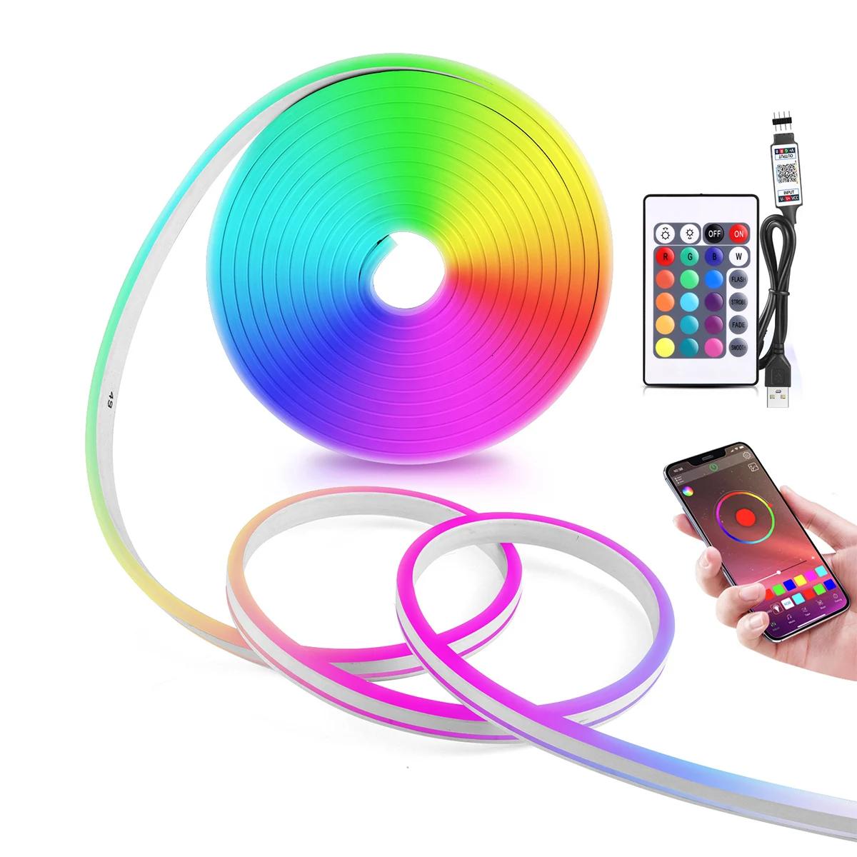 USB RGB Neon LED Strip para Decoração, Neon Tape, Bluetooth App, Controle Remoto, Sinal, Iluminação, 1m, 2m, 3m, 4m, 5m - Image 1