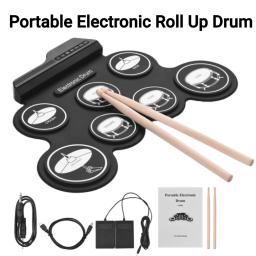 Tambor de silicone portátil com baquetas sustentar o pedal, Mão Roll Up, Bateria de música dobrável, Kit de bateria eletrônica USB - Image 1