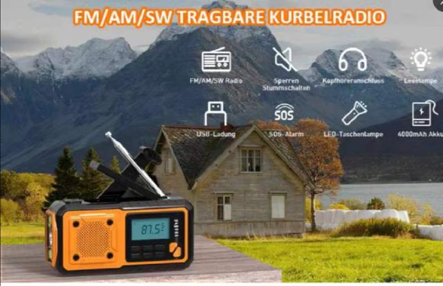 Rádio de Emergência 5000mAh Manivela Solar AM FM NOAA Display Digital 4 Vias