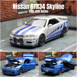 Carro de brinquedo Nissan GTR34 Skyline GTR para crianças, Diecast Racing, modelo em miniatura, som e luz, coleção Pull Back, presente para menino, 1:32 - Image 1