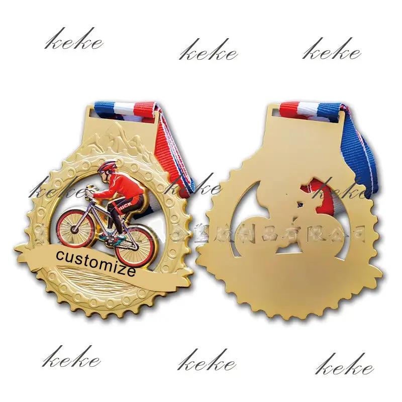 Medalhas tridimensionais bicicleta ouro jogos competições festa favores com pescoço fita prêmio em massa presente personalizado - Image 1