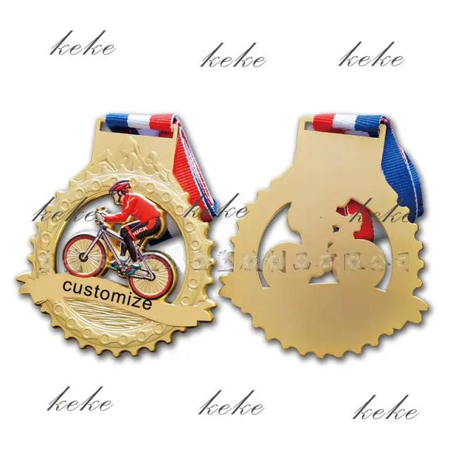 Medalhas Tridimensionais de Bicicleta em Ouro para Jogos e Competições - Festas, Favors e Prêmios Personalizados com Fita no Pescoço