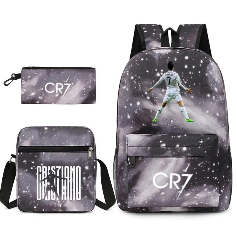 Mochila impressa Cristiano Ronaldo Football Star, conjunto de três peças, estilo fã, CR7 - Image 1