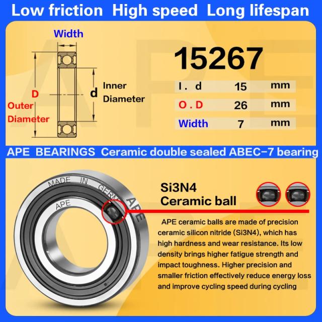 APE Rolamento Cerâmico Híbrido 15267-2RS ABEC-7 para Bicicleta