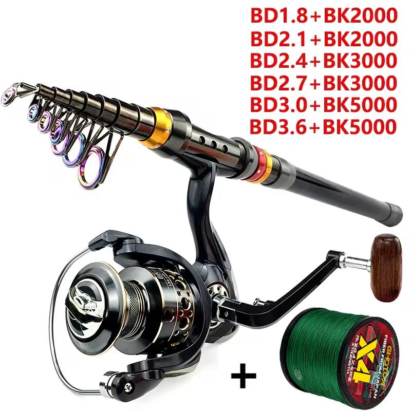 Telescópico Mar Pesca Rod Combo, Portátil Viagem Pólo De Carbono, Baitcasting Reel, Linha PE Kits, 2000 a 5000 Series, 1,8 a 3,6 m - Image 1