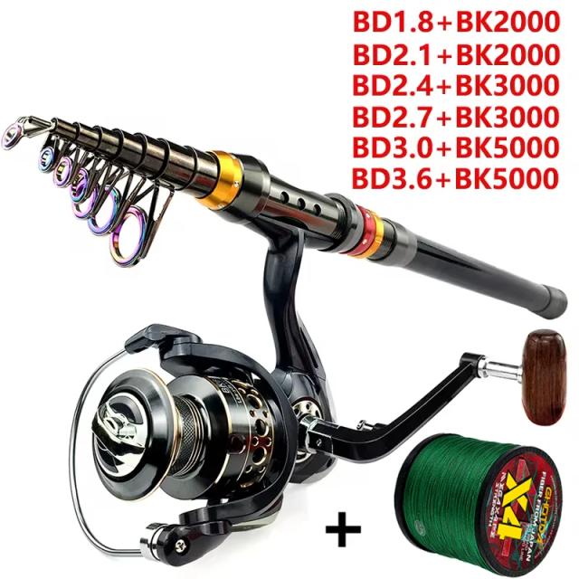 Conjunto de Vara de Pesca Telescópica de Carbono para Viagens com Carretilha Baitcasting e Linha PE, 1,8 a 3,6 m, Series 2000 a 5000
