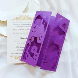 Cartões personalizados do casamento da princesa, envelope DIY da fita do ouro, Quinceanera convida, Rapunzel roxo, 50X - Image 4
