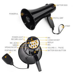 Alto-falante megafone bullhorn com sirene embutida, alto-falante portátil de energia, unidade flash USB, gravação preta, 240S, 35W - Image 3