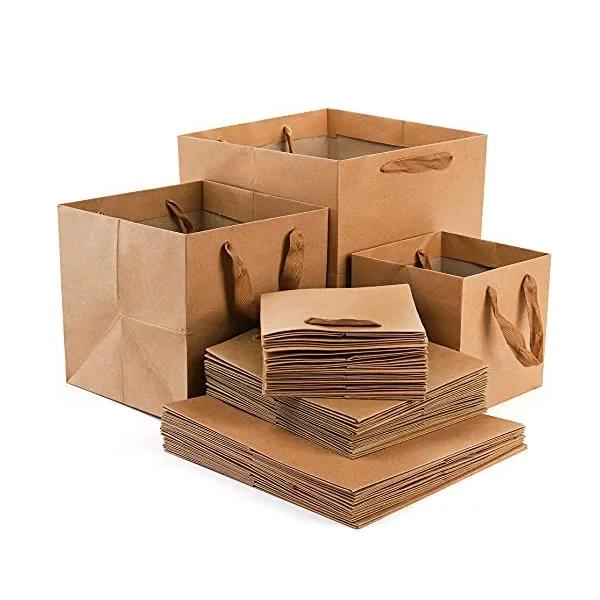 Sacos de Presente Quadrados com Alças de Fita em Papel Kraft Marrom para Casamentos e Embalagens de Varejo - Disponíveis em 10 ou 20 Peças