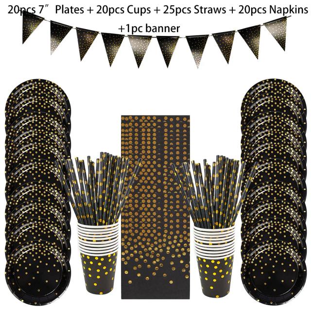 Conjunto Elegante de Louça Descartável para Festa de Aniversário e Casamento com Pratos, Copos, Guardanapos e Toalha em Rosa, Preto e Branco com Pontos Dourados
