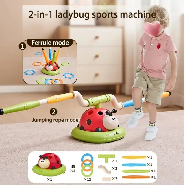 Brinquedo Educativo 3 em 1: Máquina Multifuncional de Exercícios da Joaninha com Virola e Lançador de Foguete para Entretenimento ao Ar Livre