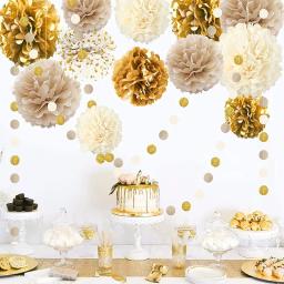 Pompons de papel para decorações de aniversário, guirlandas ponto, pano de fundo pendurado para o ano novo, decoração de natal, ouro champanhe bege, 15PCs - Image 5