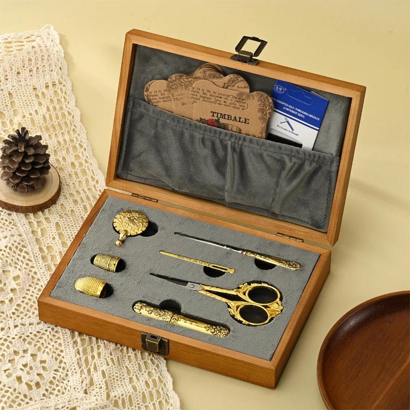 Caixa de madeira do vintage kit tesoura bordado diy artesanato suprimentos ferramentas kit costura antigo omplete ferramentas costura para costura artesanato - Image 1