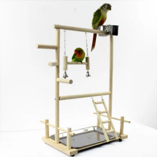 Play Stand de Papagaio de Madeira com Bandeja Balanço, Brinquedos de Copa e Ponte de Escalada Estilo Parque