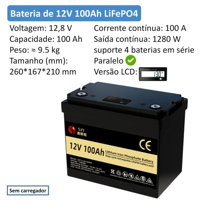 SaiJiaoYang Bateria Lítio LiFePO4 12V 100Ah Sistema Solar Off-Grid