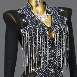 Roupa de dança preta competição latina traje vestido de baile feminino festa dancewear linha saia patinação artística meninas samba esporte terno - Image 6