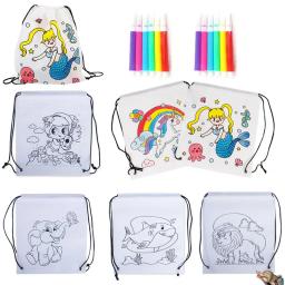 Bolsa de cordão não tecida para crianças, mochila graffiti, brinquedos de pintura para colorir DIY para crianças, sereia animal fofa, desenho artesanato - Image 1