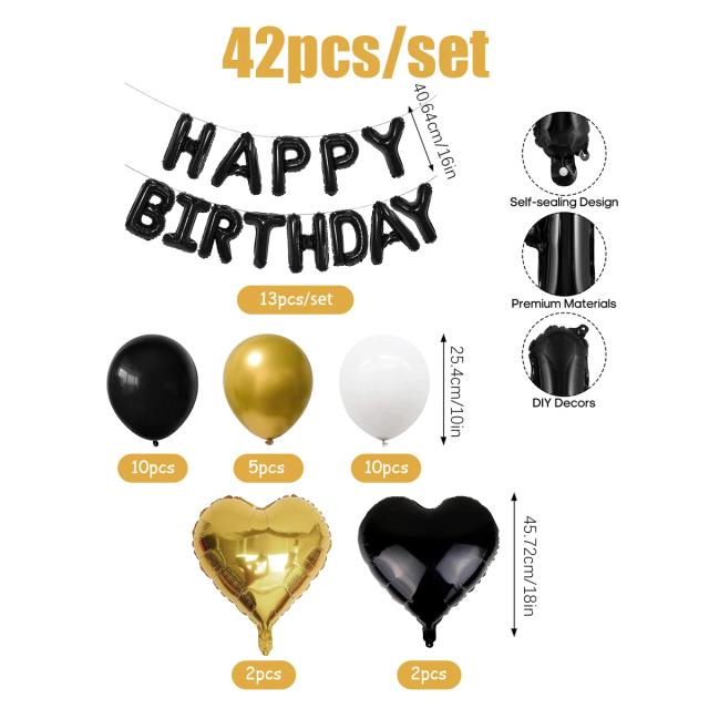 Conjunto de Balões Preto e Ouro para Aniversário com Corações - 42 Peças de Decoração para Festas