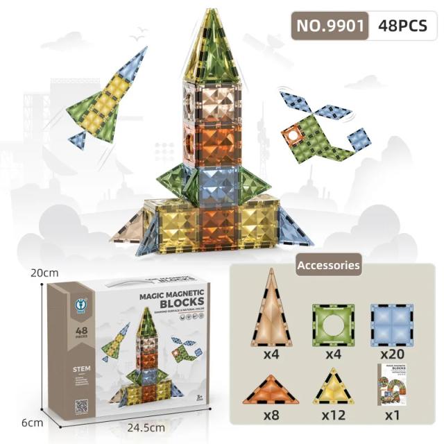Conjunto de Blocos de Construção Magnéticos em Diamante para Crianças - Brinquedos Educativos Montessori com Janela de Cores e DIY 4D