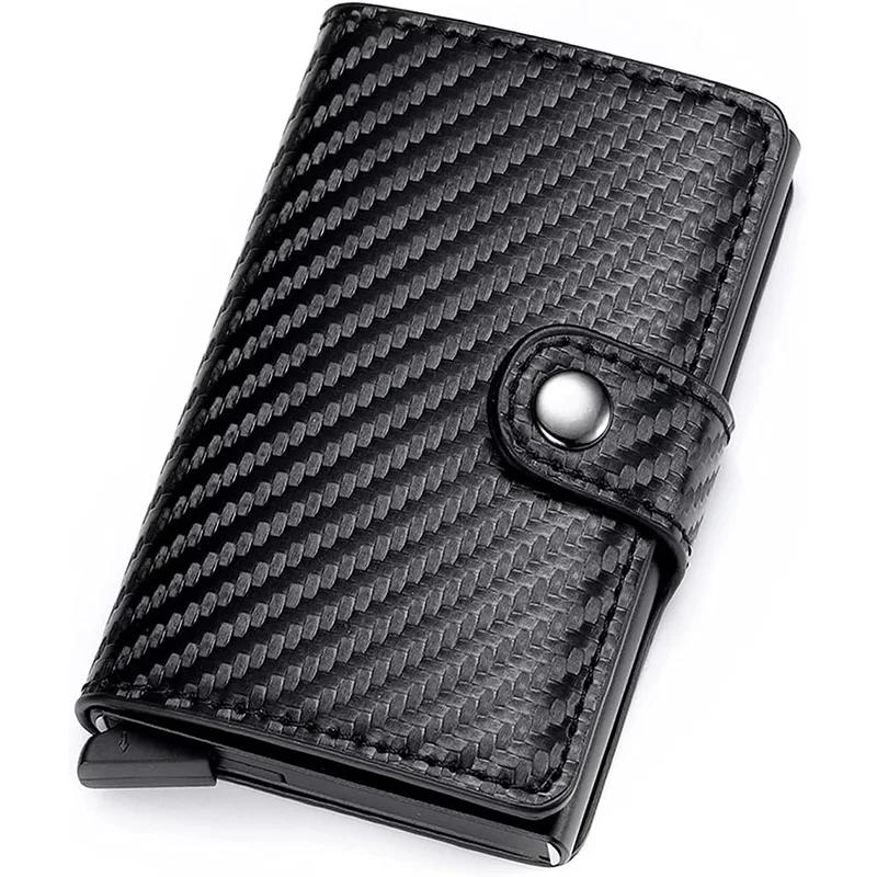 Suporte de cartão de crédito de fibra de carbono masculino carteira de metal inteligente RFID pop-up fino fino bolsa preta pequena estojo de metal - Image 1