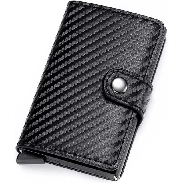 Carteira Masculina Slim de Fibra de Carbono com Suporte para Cartão de Crédito e Proteção RFID em Metal Preto