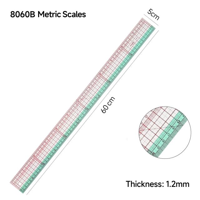 Régua Reta Transparente Kearing para Corte Gráfico e Costura, 20-60cm, com Linha Dupla