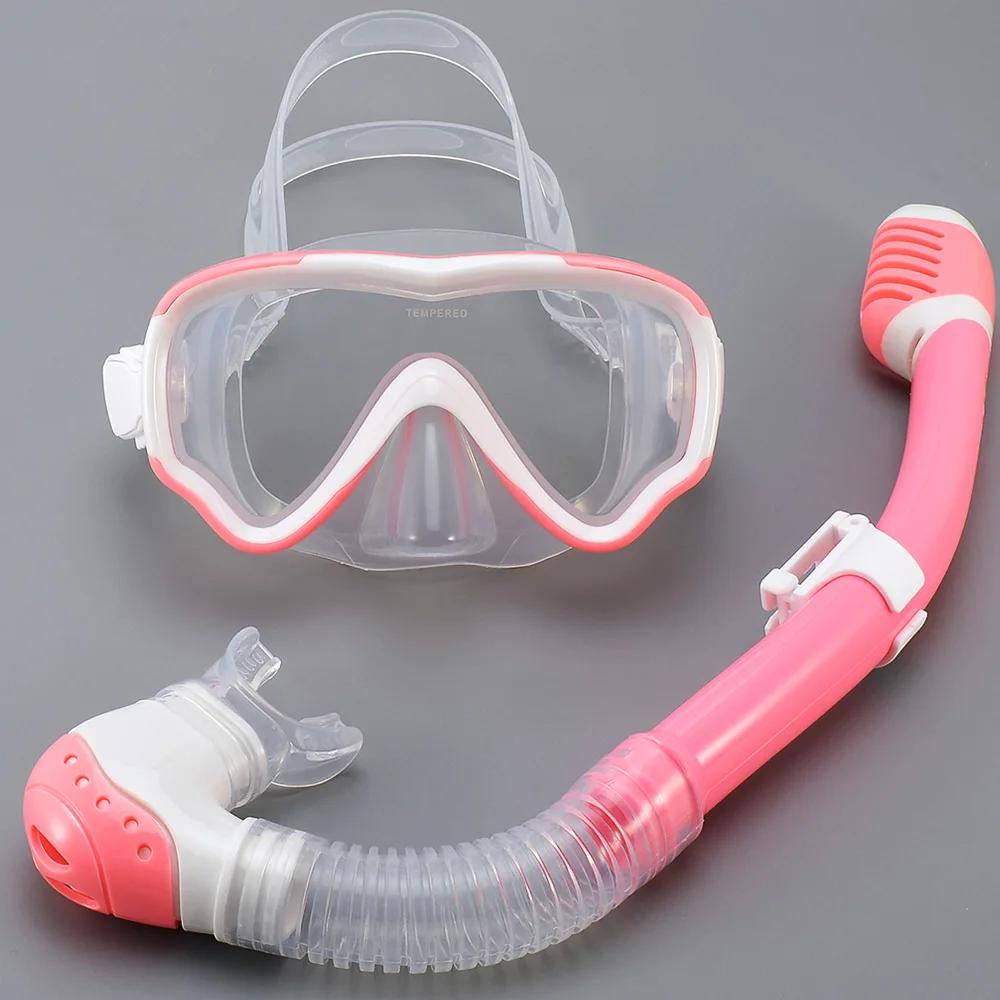 Crianças máscara de mergulho snorkel conjunto óculos de natação vidro temperado vista panorâmica anti-vazamento treinamento seco topo juventude meninos meninas - Image 1