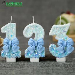 Vela De Aniversário De Sparklers Para Meninas, Decor De Bolo, Decoração De Festa, Nó De Arco Azul, Número, 1 Ano - Image 1