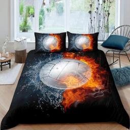 Conjunto de capa de edredão de vôlei, microfibra, tema de bola esportiva, mistura de fogo e água, conjunto de cama dupla, queen, king size - Image 1